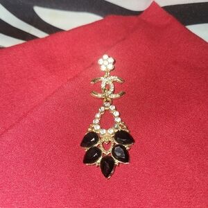 Women's Goldtone Black & Clear Rhinestones Double C Chanel Dangle Earring